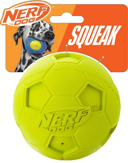 Minge de fotbal Nerf Dog din cauciuc, cu piuitor, pentru câini, 10 cm