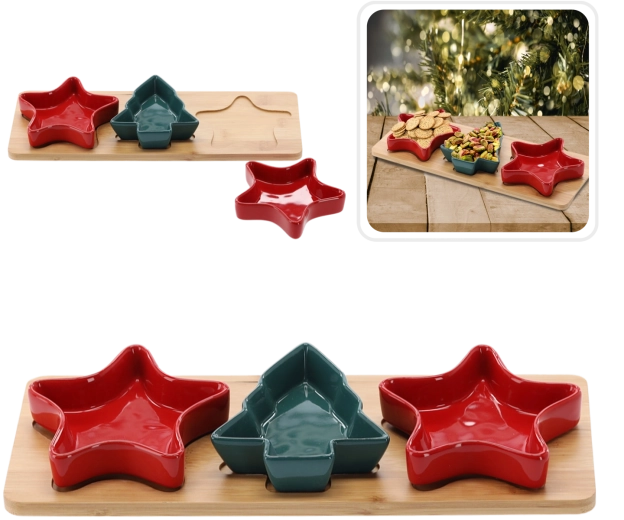 Set de Crăciun cu boluri ceramice pe suport din bambus