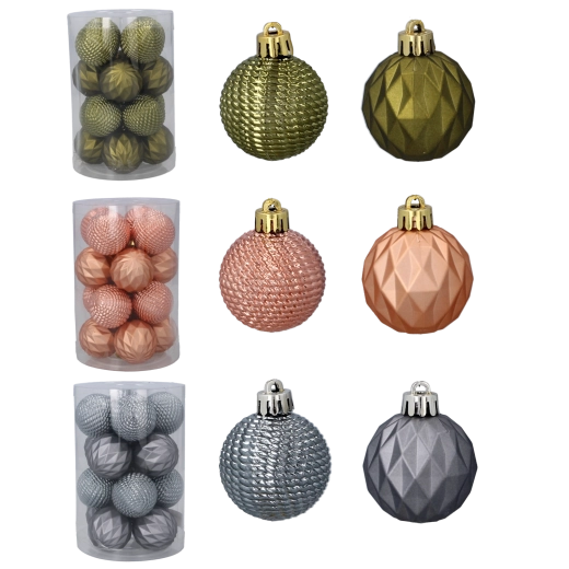 Set de globuri de Crăciun 4 cm – verde măsliniu, cupru și grafit (16 buc)