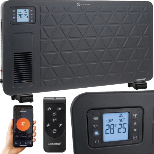 Kaminer Ziflo convector electric 2300 W cu Wi‑Fi și telecomandă, negru
