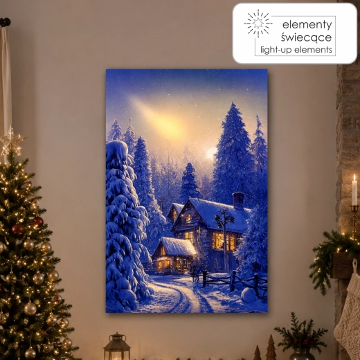 Tablou pe pânză cu iluminare LED – casă de iarnă în pădure 40 × 60 × 3,2 cm - 1 bucată