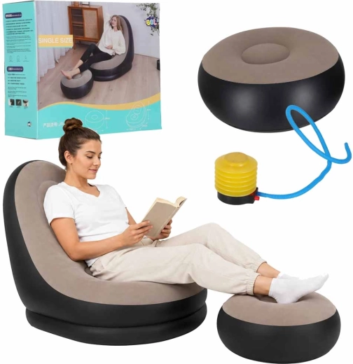 Fotoliu gonflabil de relaxare cu suport pentru picioare și pompă de picior