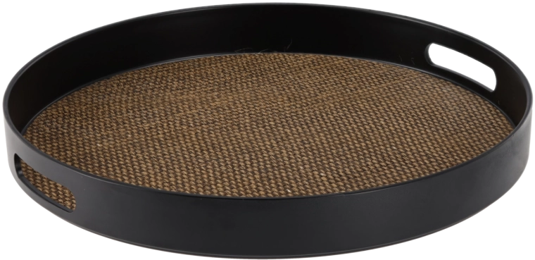 Tavă rotundă de servire cu mânere neagră cu decor din iută 35 × 35 × 4 cm