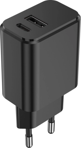 Încărcător de rețea Setty 20 W cu USB‑C PD și USB-A QC, negru