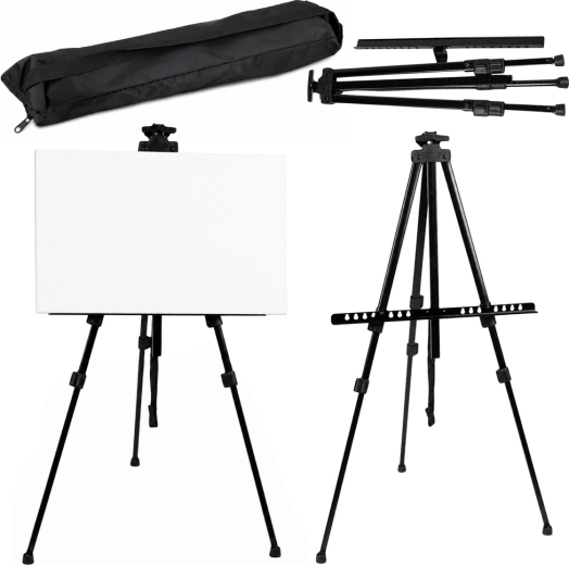 Șevalet metalic de pictură (sztaluga) pentru plein-air, trepied cu husă, negru 158 cm