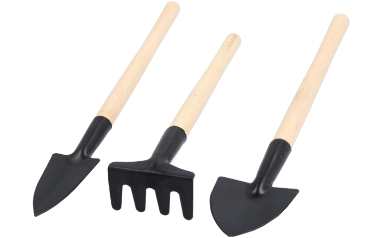 Set de unelte de grădină – lopățică, transplantor și greblă de mână cu mâner din lemn