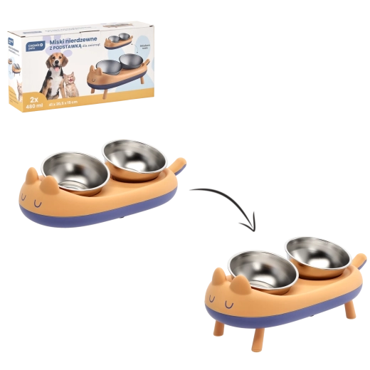Suport dublu înălțat cu boluri din inox pentru câini și pisici 41 × 20,5 × 15 cm
