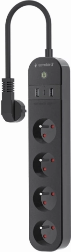 Prelungitor inteligent cu protecție la supratensiune Tuya WiFi cu 4 prize FR, 2× USB‑A și 1× USB‑C, negru