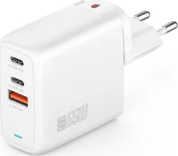 Încărcător de rețea GaN Flex 65W, 2× USB‑C + 1× USB‑A, alb