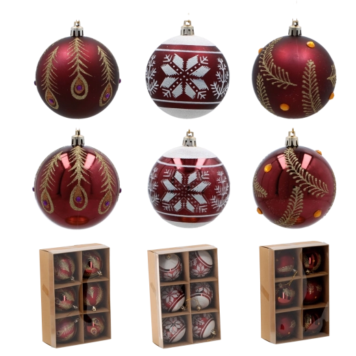 Set de 6 globuri burgundice de Crăciun, 8 cm, din plastic indestructibil