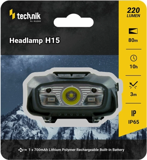 Technik MT-H15 lanternă frontală cu înveliș cauciucat și lumină roșie