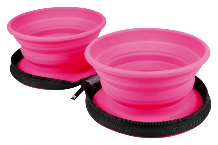 Castron dublu de călătorie pentru animăluțe Kiwi Walker – roz, pliabil din silicon 2×350 ml