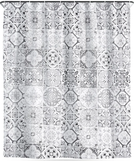 Perdea de duș cu cârlige, rezistentă la apă, model tip faianță 180 × 180 cm