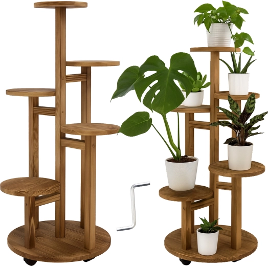 Suport vertical din lemn pentru flori 86 cm RUHHY, 6 niveluri pentru 7 ghivece