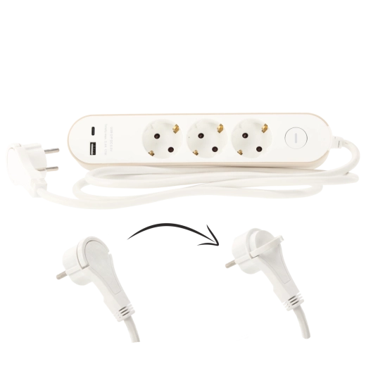 Prelungitor cu protecție la supratensiune cu întrerupător, 3 prize Schuko și 2 USB (USB-A + USB-C), 1,5 m, alb