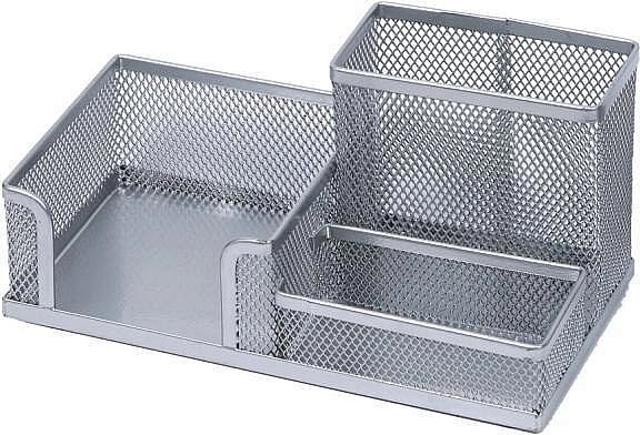 Organizator de birou metalic cu suport pentru creioane și cub pentru notițe, argintiu