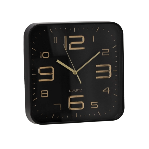 Ceas de perete pătrat 30,2 × 30,2 cm negru cu cifre aurii
