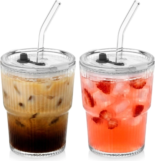 Pahare tumbler din sticlă cu capac și pai 340 ml, set 2 buc