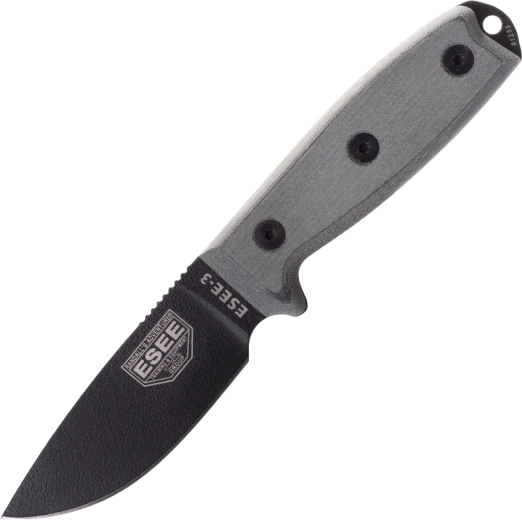 ESEE Model 3 – cuțit outdoor universal cu lamă neagră și mâner gri din Micarta