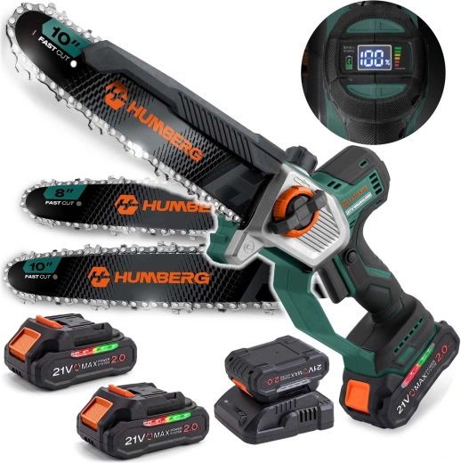 Humberg hm-437 mini ferăstrău cu lanț pe acumulator cu lamă 10" și 8" (2× 21 V 2,0 Ah)