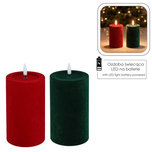 Lumânare LED din velur cu flacără pâlpâitoare roșie/verde 7,5 × 15,5 cm - 1 bucată