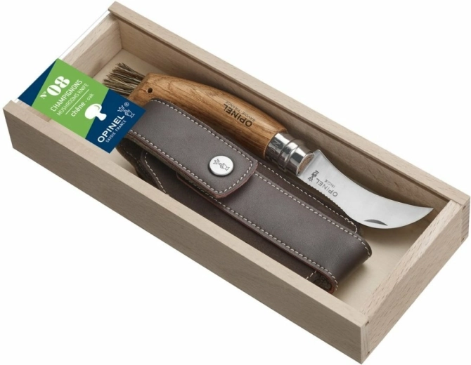 Opinel N°08 Inox cuțit pliabil pentru ciuperci, stejar, toc din piele, cutie cadou