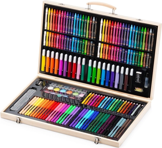Set de materiale artistice în valiză din lemn, 180 piese