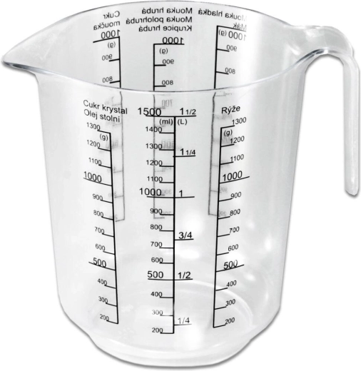 Cană gradată din plastic 1,5 l cu inscripție