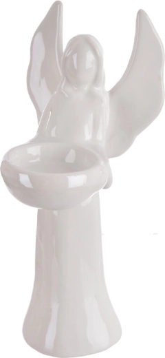 Înger decorativ din ceramică, suport pentru lumânare, alb sidefat, 20 cm