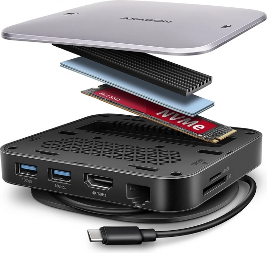 AXAGON hub USB‑C multiport 9‑în‑1 cu M.2 NVMe/SATA, HDMI 4K/60 Hz, PD 100 W, GLAN și cititor de carduri
