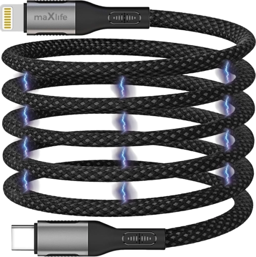 Cablu magnetic Maxlife USB-C – Lightning 1 m, 27 W, împletitură din nylon, negru