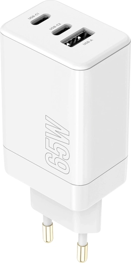 Maxlife 65W USB-C PD/QC încărcător de perete cu 2× USB‑C și 1× USB‑A, alb