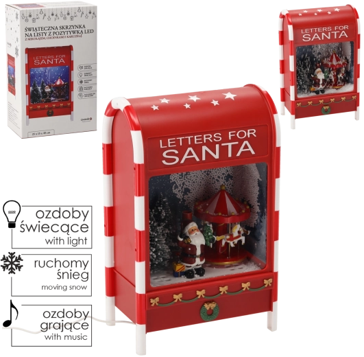 Cutie poștală de Crăciun cu LED, muzică și carusel, roșie, 25 × 15 × 40 cm