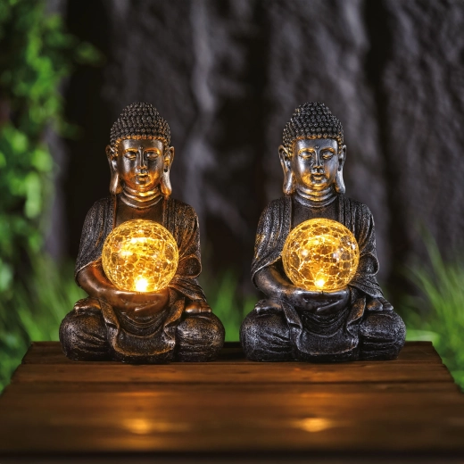 Statuetă solară Buddha cu iluminare LED albă caldă