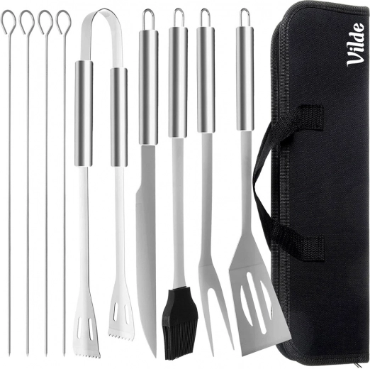 Set de ustensile pentru grătar din oțel inoxidabil cu husă, 10 piese