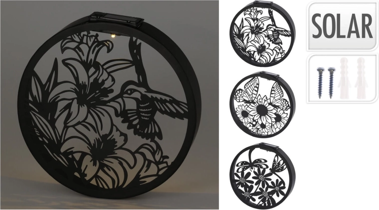 Decorațiune LED solară de perete, cerc, metal, negru/auriu, 25 cm