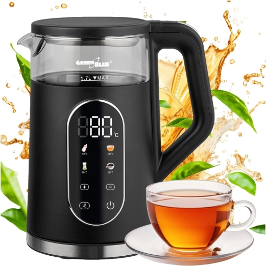 Fierbător electric fără fir GreenBlue cu reglare a temperaturii 1,7 l, negru
