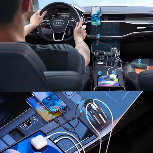 Încărcător auto 4în1 cu USB‑C și Lightning, cablu retractabil, încărcare rapidă 100 W