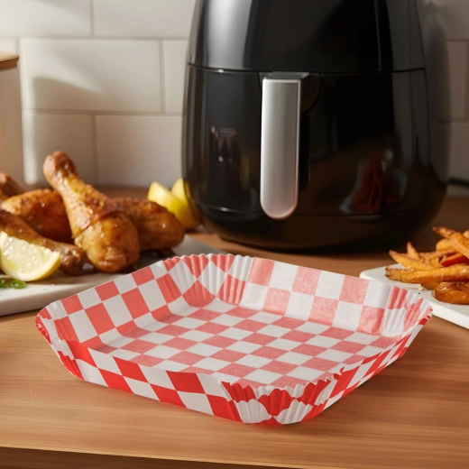 Hârtie de copt pentru friteuză cu aer cald, cu model în carouri, pătrată, 23 cm, 50 buc.