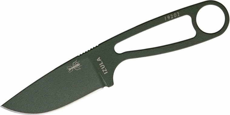 ESEE Izula OD – cuțit de supraviețuire mic din oțel carbon, cu finisaj verde și teacă