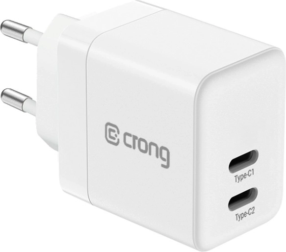 Încărcător de rețea Crong ultra compact GaN 2× USB-C 35 W PD 3.0 cu PPS alb