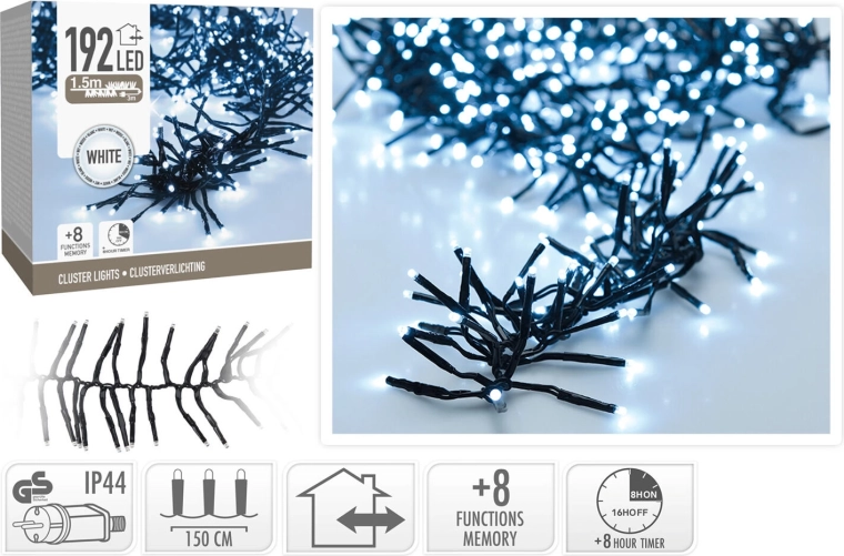 Șir luminos LED de Crăciun 1,5 m, 192 LED, alb rece, 8 funcții cu temporizator
