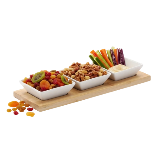 Set elegant de boluri din porțelan pe tavă din bambus 28 × 10 × 3 cm