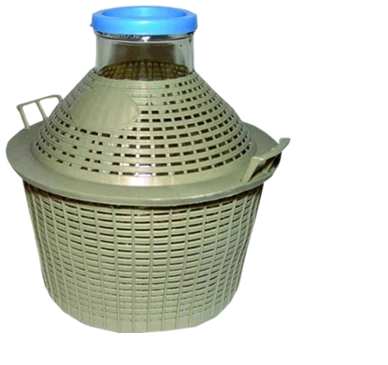 Damigeană de sticlă 10 l cu gât larg și coș din plastic