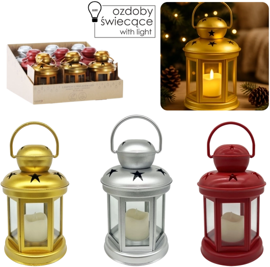 Lampion LED decorativ 19 cm – argintiu, auriu și roșu