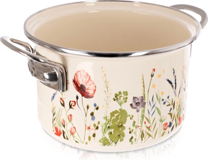 Oală emailată crem cu motiv de maci 18 cm, 2 l
