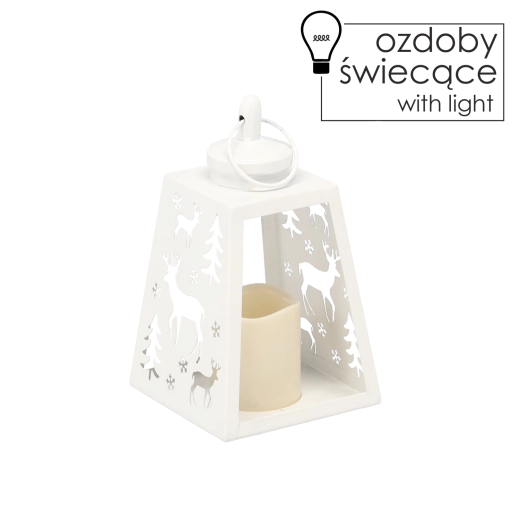 Lampion LED din metal alb cu motiv ren 12 × 21,5 cm