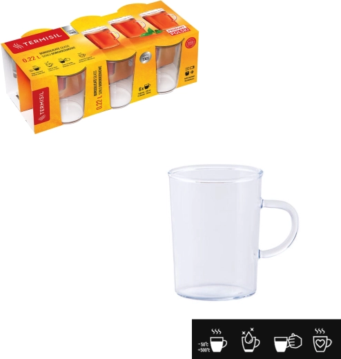 Căni din sticlă termorezistentă cu mâner 220 ml – formă conică, sticlă borosilicată, set 6 buc.
