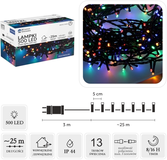 Ghirlandă luminoasă LED 500 multicoloră, 25 m