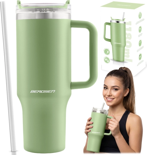 Cană termos Berdsen cu vacuum, cu pai, 1180 ml, verde